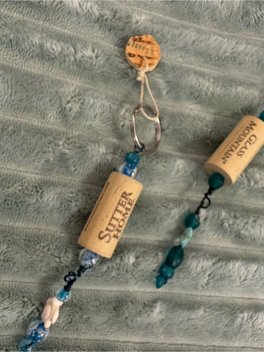 Handmade Cork and Blue Bead key chains with Teal Accents